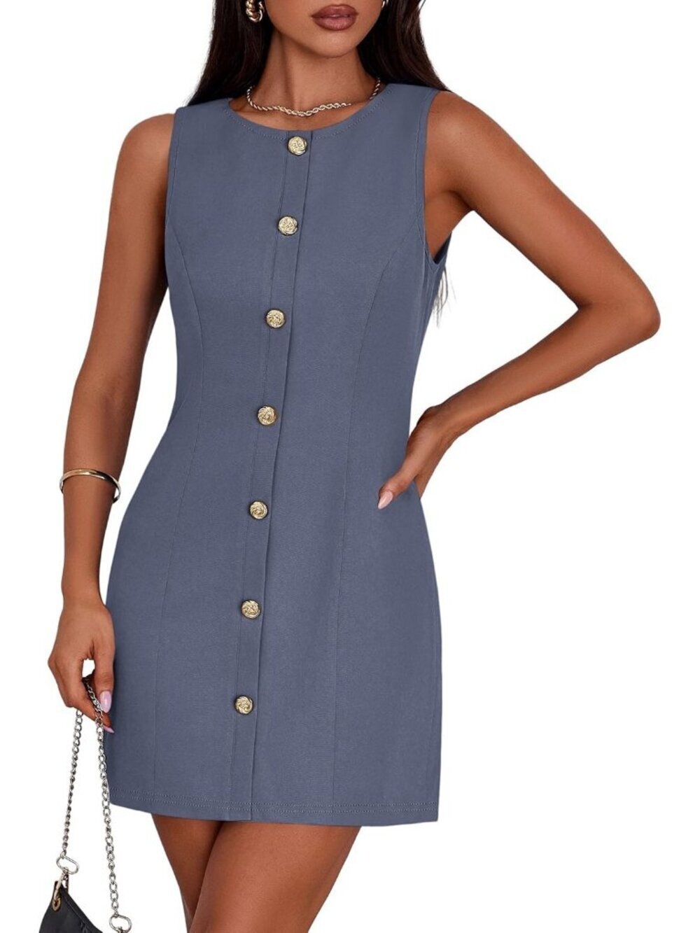 Pretty Garden Women's Grey Blue Sleeveless Button Down Elegant Mini Dress
